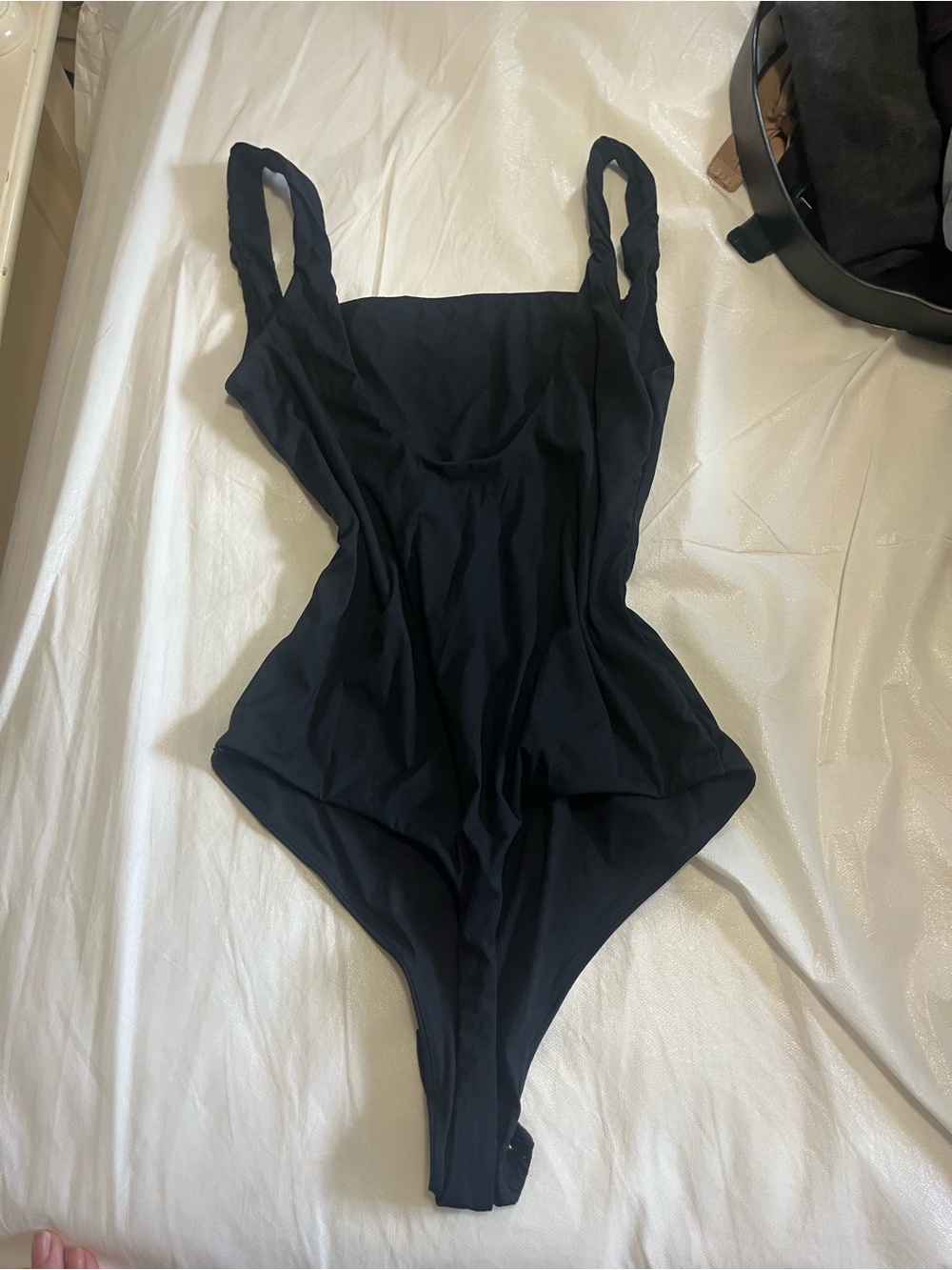 Amazon Black Women’s Tank Top Bodysuit, plunge back and square neckline